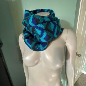 Geometric Blue and Black Infinity Scarf with Wool